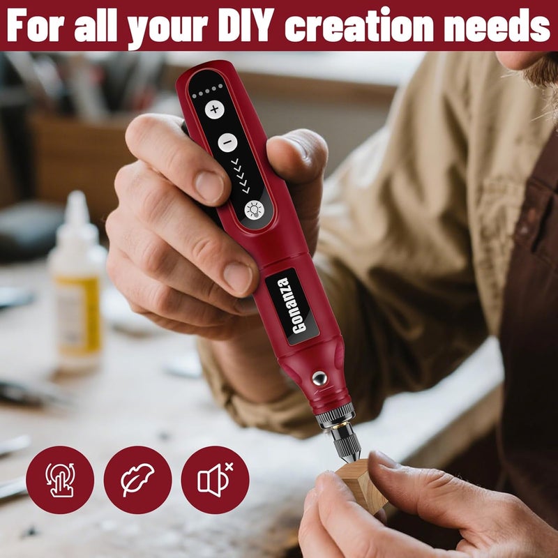 Gonanza Mini Cordless Rotary Tool Kit - 5-Speed, 3.7V Power Supply with LED Light 62 Accessories for Engraving, Sanding, Polishing, Type-C Rechargeable Perfect for DIY Crafts and Precision Work(Red) - Image 5